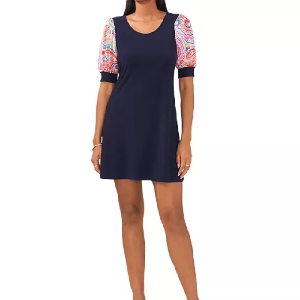 MSK Navy Dress with Floral Puff Sleeves Size S - Picture 1 of 8